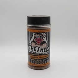 11oz The Shed - Cluckin Awesome Poultry Rub Sauce, BBQ, BBQ Sauce, Sweet BBQ, Sweet Heat, Sweet, Award Winning, Food, Barbecue, Best BBQ, Award Winning BBQ, Competition, Competition BBQ, Pitmaster, Pork, Beef, Butt, Ribs, Steak, Wings, Hot Wings, BBQ Wings, Chicken, Grill Sauce, Award Winning Sauce, Award Winning Rubs, Rubs, BBQ Rub, Blues Hog, Heath Riles BBQ, Kosmos Q, Eat BBQ, Sweet Smoke Q, Oakridge BBQ, University of Que, Sweet Swine o’ Mine, Plowboys BBQ, Boars Night Out, Cimarron Docs, The Shed, Meat Mitch, Killer Hogs, Steak Cookoff Association, Pancho & Lefty, All Qued Up, Tuffy Stone Cool Smoke, Lotta Bull BBQ